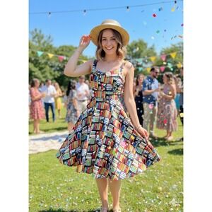 Dollz & Dames Book Print Fit Flare Dress A Line Retro Rockabilly Style